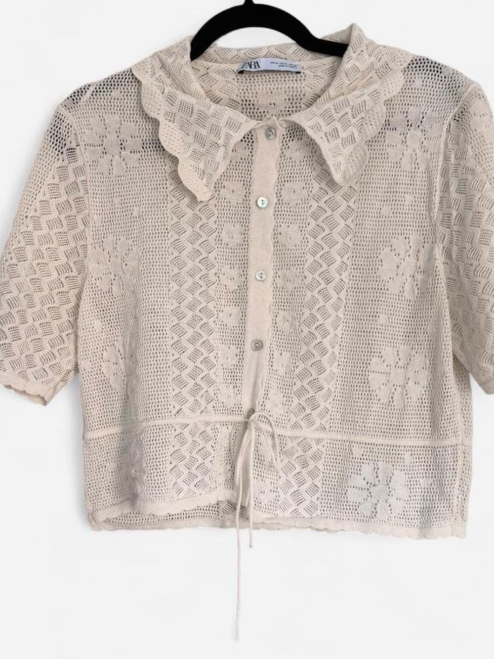 Zara Cream Crochet Button-Front Short Sleeve Top with Drawstring